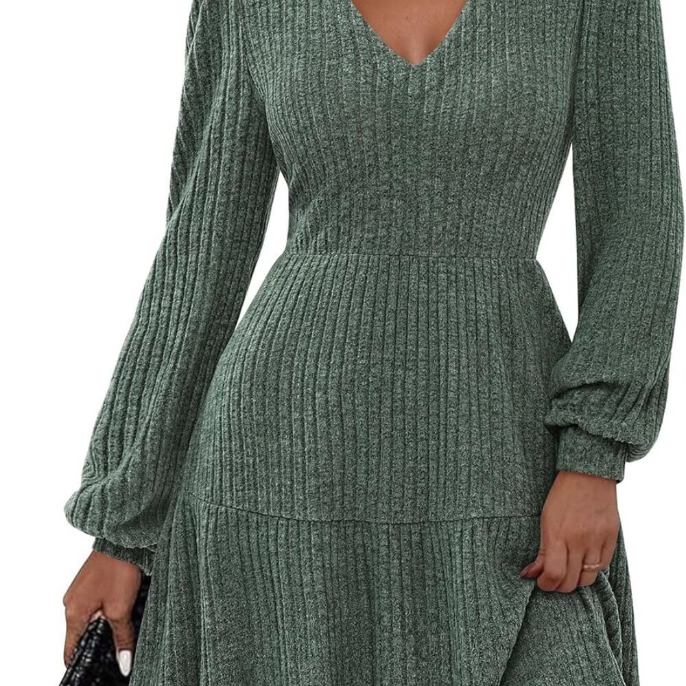 Womens Sweater Dress Knit Long Sleeve V Neck Flare Pockets Party Casual
